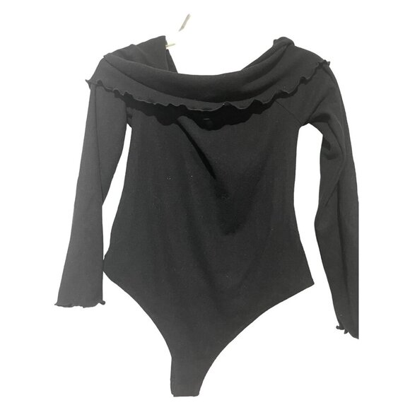 The Impeccable Pig Women's Ruffled Off Shoulder Long Sleeve Bodysuit Black M - Picture 3 of 4
